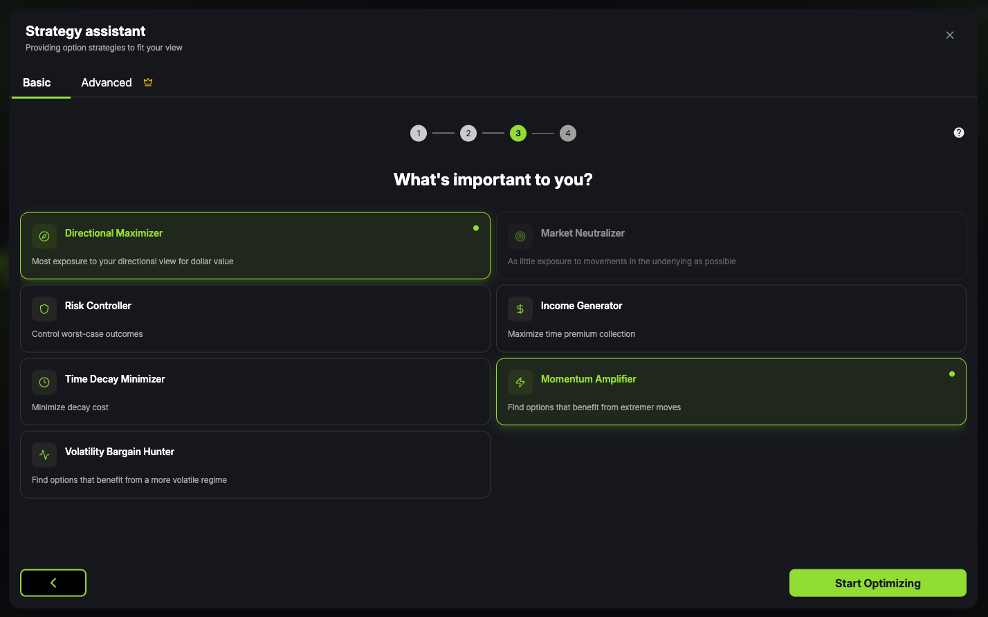 A screenshot of the Strategy Assistant on the OptiView platform that helps users define their assumptions, constraints and objectives when optimizing their option strategies.